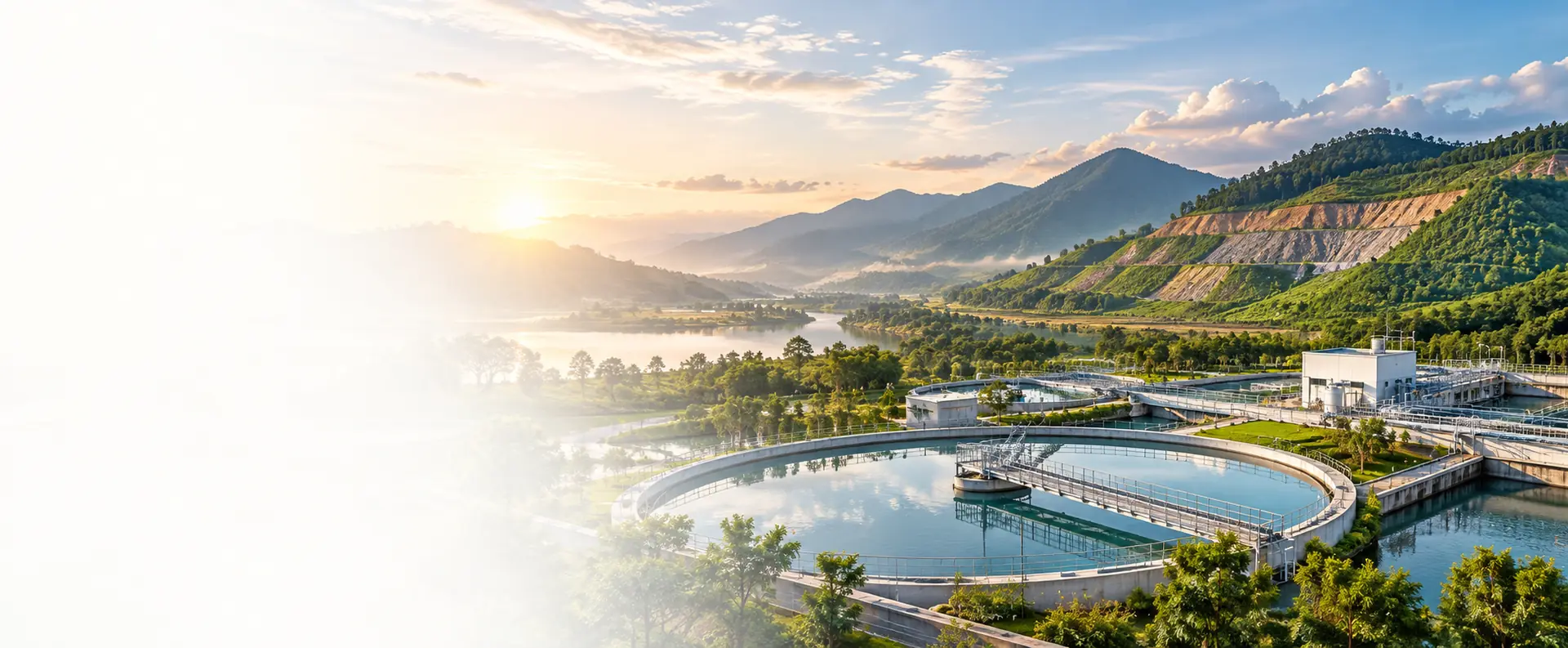 Water treatment plant in a valley at sunrise